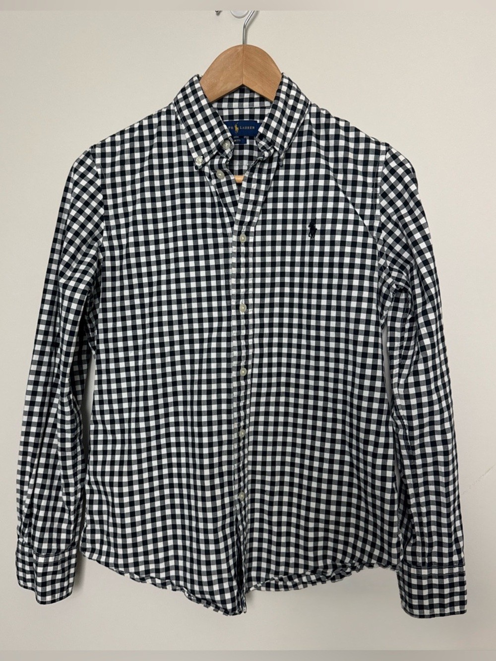 Polo RALPH LAUREN Gingham Shirt Pony Logo Cotton Womens M Black White Preppy